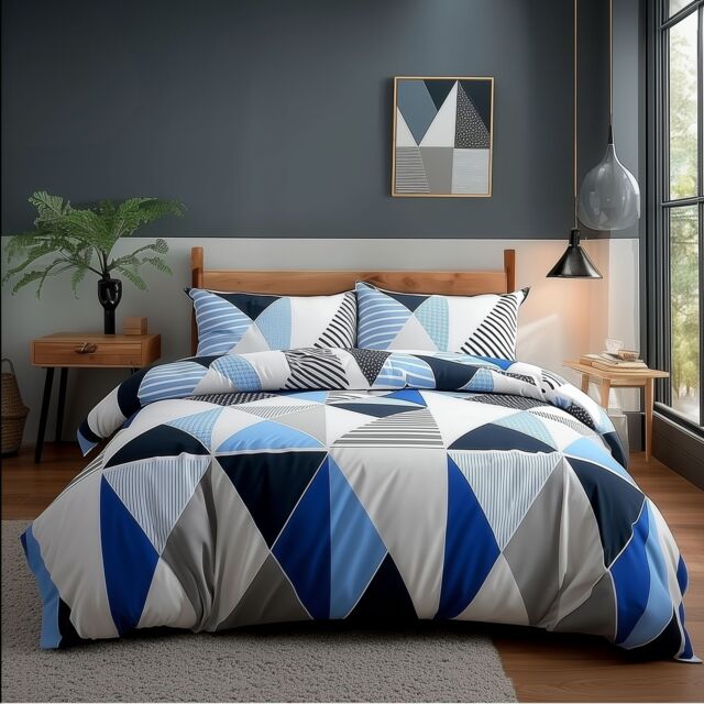 Snug City Duvet Cover & Pillowcase Set Multi Colour Triangle Design Polycotton Bed Linen in White - Size: Single - image 1