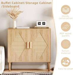London Boutique Buffet Storage Cabinet w/ Rattan Decorating Sideboard Accent Cabinet in Natural - thumbnail 4