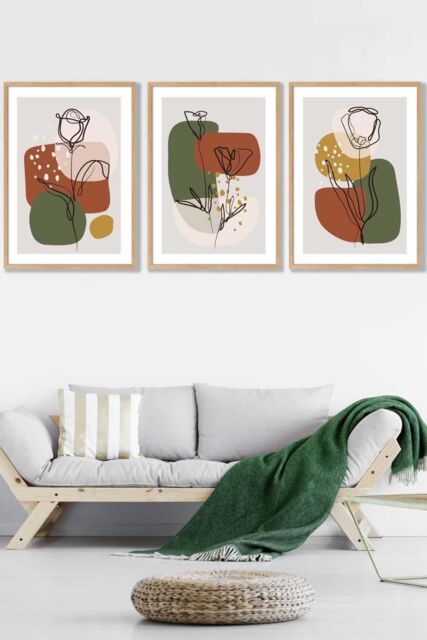 ARTZE Set of 3 Oak Framed Line Art Autumn Flowers on Green Yellow Boho Shapes Wall Art - Size: W33 cm x H45 cm x D20mm - image 1