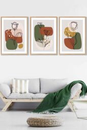 ARTZE Set of 3 Oak Framed Line Art Autumn Flowers on Green Yellow Boho Shapes Wall Art - Size: W33 cm x H45 cm x D20mm - thumbnail 1