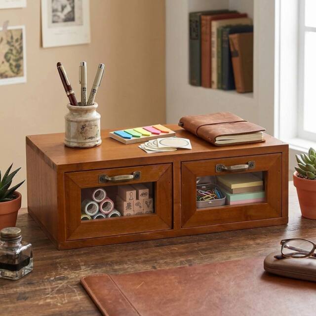 EONLION Wooden Desktop Organiser 2 Drawer Storage Box in Brown - Size: 500mm - image 1