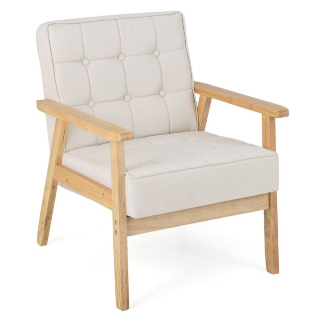 Gymax Upholstered Accent Sofa Armchair With Rubber Wood Armrests Beige - image 1