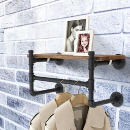Living and Home Industrial Style Wall-Mounted Display Storage Shelf Clothes Garment Rack Hanging Rod Rail in Black - thumbnail 5