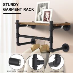 Living and Home Industrial Style Wall-Mounted Display Storage Shelf Clothes Garment Rack Hanging Rod Rail in Black - thumbnail 4