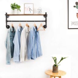 Living and Home Industrial Style Wall-Mounted Display Storage Shelf Clothes Garment Rack Hanging Rod Rail in Black - thumbnail 7