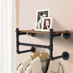 Living and Home Industrial Style Wall-Mounted Display Storage Shelf Clothes Garment Rack Hanging Rod Rail in Black - thumbnail 2