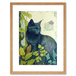 "Artery8 Wall Art Print Russian Blue Cat with Bright Ornate Plants Modern Art Nouveau Artwork Framed 9X7 Inch in Beige - Size: W7"" x H9""" - thumbnail 1