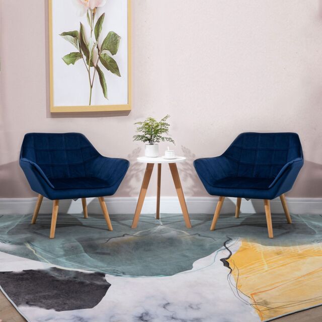 HOMCOM Modern Armchair Chair Accent Chair with Arms Wood Legs Set of 2 in Blue - image 1