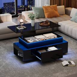 Matteo Black High-Gloss Lift-Top Coffee Table with LED Lights & Storage - thumbnail 1