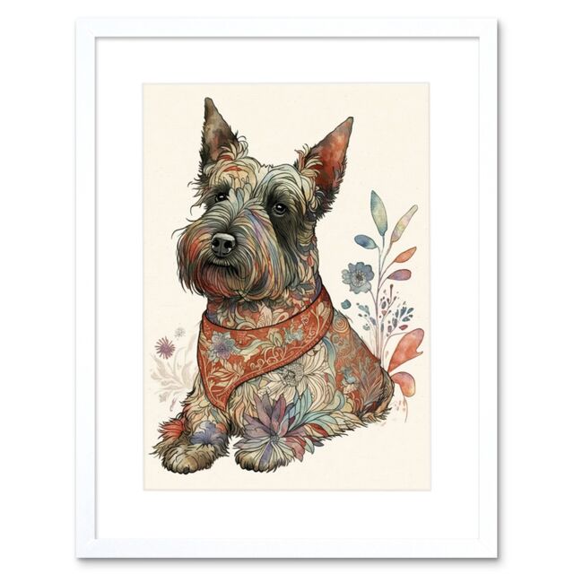 "Artery8 Wall Art Print Scottish Terrier Dog with Flower Pattern Fur Coat Modern Watercolour Artwork Framed 9X7 Inch in White - Size: W7"" x H9""" - image 1