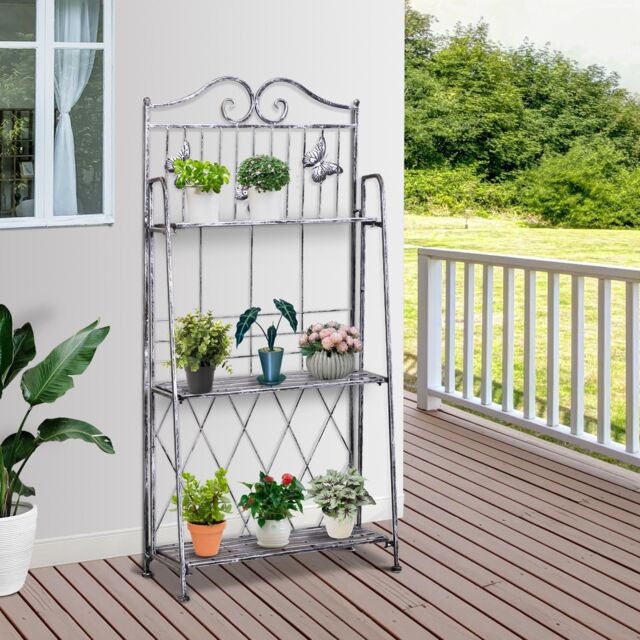OUTSUNNY Garden Plant Stand Metal Flower Display Rack for Potted Plants Balcony in Silver - image 1