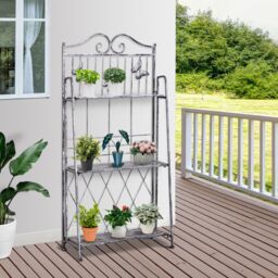 OUTSUNNY Garden Plant Stand Metal Flower Display Rack for Potted Plants Balcony in Silver - thumbnail 1