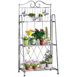 OUTSUNNY Garden Plant Stand Metal Flower Display Rack for Potted Plants Balcony in Silver - thumbnail 2