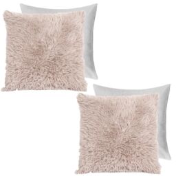 OHS Set of 2 Fluffy Shaggy Square Filled Cushion Covers in Natural - Size: 45 cm x 45 cm