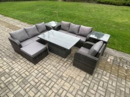 Fimous Outdoor Rattan Garden Furniture Sets Height Adjustable Rising lifting Dining Table Sofa Set with Reclining Chair Side Table Big Footstool - thumbnail 1