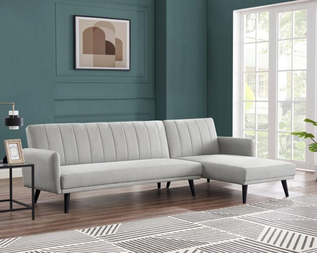 Home Detail Clinton L-Shaped Fabric Sofa Bed With Ribbed fabric Detail & Chaise Section & Black Legs in Light Grey - image 1