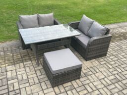 Fimous Garden Patio Furniture Wicker Rattan Oblong Rectangular Dining Table & Loveseat Sofa set with Big Footstool in Dark Grey - thumbnail 2