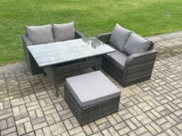 Fimous Garden Patio Furniture Wicker Rattan Oblong Rectangular Dining Table & Loveseat Sofa set with Big Footstool in Dark Grey - thumbnail 1