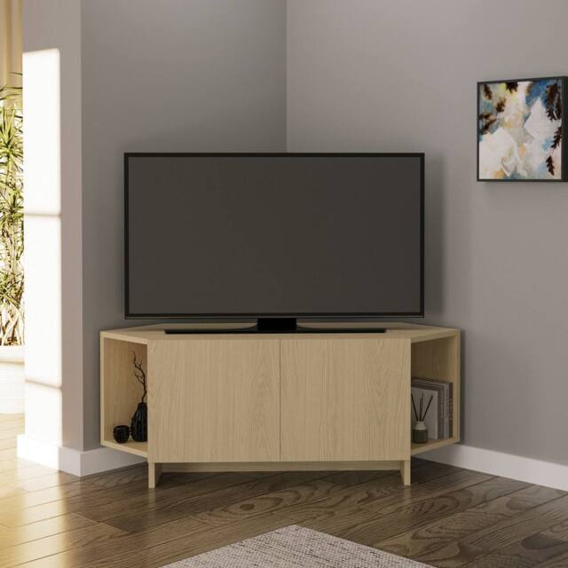BIMOSSA Ola Corner TV Stand, Space-Saving Unit for TVs up to 43-48 Inch in Light Brown - image 1