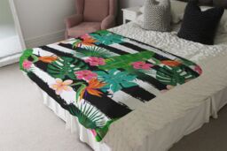 Benjamin Tate Design Tropical Plants On Black & White Stripes Blanket in Natural - Size: 120 cm x 150 cm - thumbnail 3