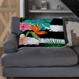 Benjamin Tate Design Tropical Plants On Black & White Stripes Blanket in Natural - Size: 120 cm x 150 cm - thumbnail 2