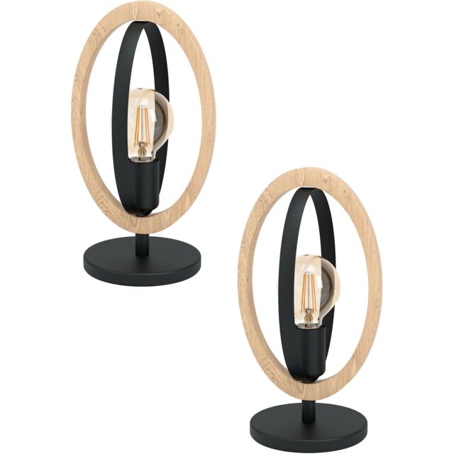 Loops 2 PACK Table Lamp Desk Light Black Steel & Wood Ring Loop Shade 1x 40W E27 - image 1