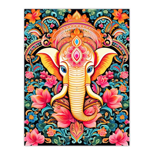 "Artery8 Wall Art Print Hindu Floral Pattern with Elephant Vibrant Painting Orange Pink Blue Ganesha Ornate Flower Design Poster - Size: W18"" x H24""" - image 1