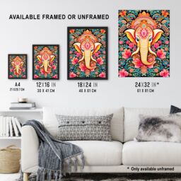 "Artery8 Wall Art Print Hindu Floral Pattern with Elephant Vibrant Painting Orange Pink Blue Ganesha Ornate Flower Design Poster - Size: W18"" x H24""" - thumbnail 3