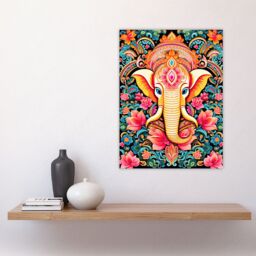 "Artery8 Wall Art Print Hindu Floral Pattern with Elephant Vibrant Painting Orange Pink Blue Ganesha Ornate Flower Design Poster - Size: W18"" x H24""" - thumbnail 4