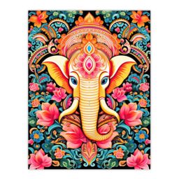 "Artery8 Wall Art Print Hindu Floral Pattern with Elephant Vibrant Painting Orange Pink Blue Ganesha Ornate Flower Design Poster - Size: W18"" x H24""" - thumbnail 1
