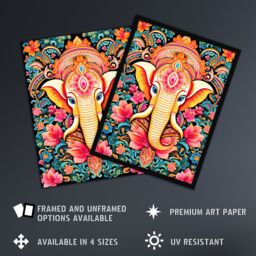 "Artery8 Wall Art Print Hindu Floral Pattern with Elephant Vibrant Painting Orange Pink Blue Ganesha Ornate Flower Design Poster - Size: W18"" x H24""" - thumbnail 2
