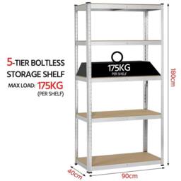 KORVIXA 5 Tier Metal Garage Shelving Units Racking Boltless in Silver - Size: 100 cm x 100 cm - thumbnail 2