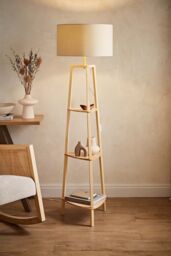 ValueLights Hiru Natural 3 Tier Wooden Shelf Floor Lamp with Large Drum Shade in Nude - thumbnail 1