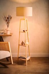 ValueLights Hiru Natural 3 Tier Wooden Shelf Floor Lamp with Large Drum Shade in Nude - thumbnail 2