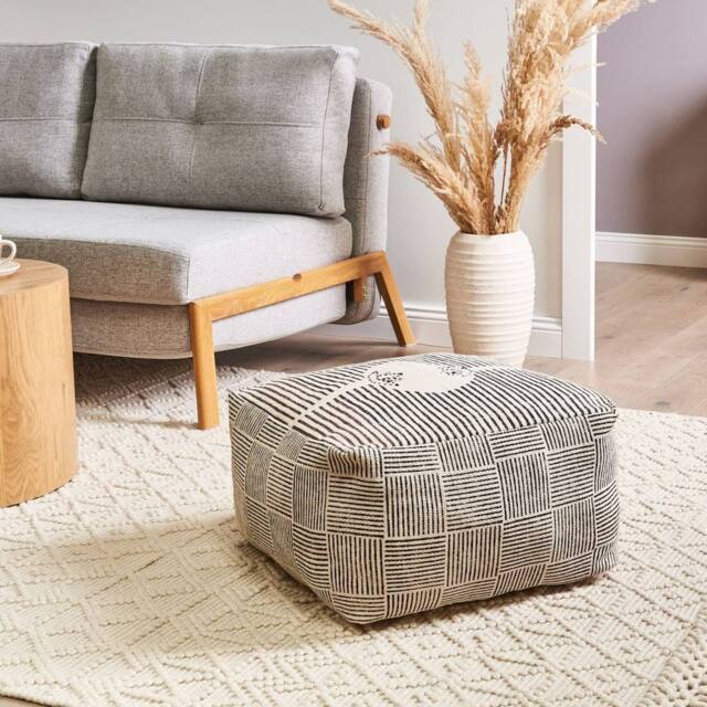 Wyld and Coco Grey Cotton Block-Print Square Pouffe - Retro Boho Footstool - image 1