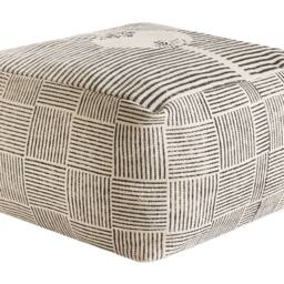 Wyld and Coco Grey Cotton Block-Print Square Pouffe - Retro Boho Footstool - thumbnail 2