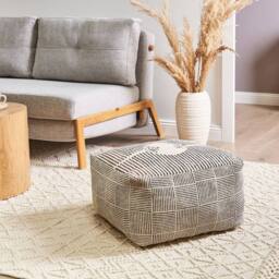 Wyld and Coco Grey Cotton Block-Print Square Pouffe - Retro Boho Footstool