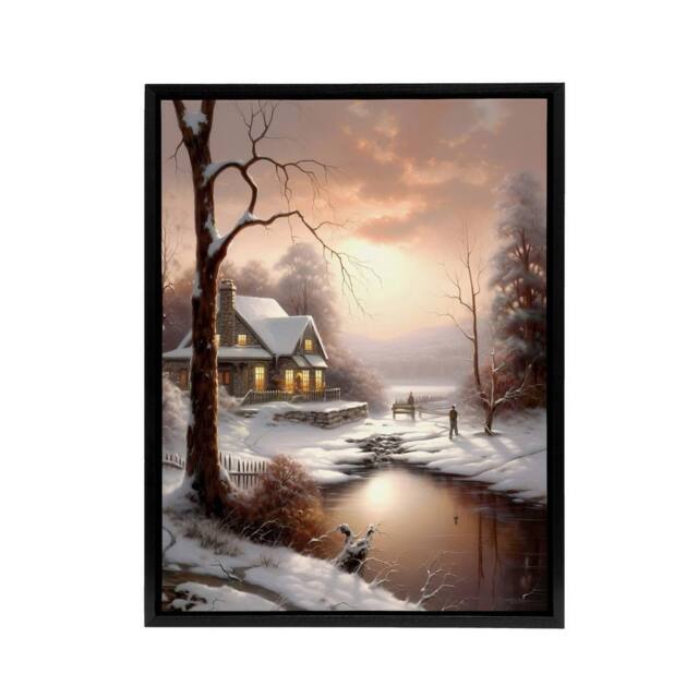 "Artery8 Winter Cottage Snowy Landscape at Sunset Framed Canvas Wall Art Print in Brown - Size: W12"" x H16""" - image 1