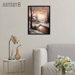 "Artery8 Winter Cottage Snowy Landscape at Sunset Framed Canvas Wall Art Print in Brown - Size: W12"" x H16""" - thumbnail 3