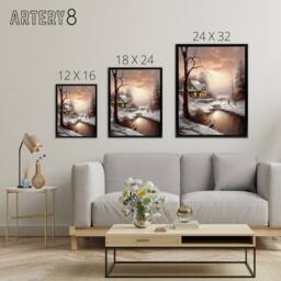 "Artery8 Winter Cottage Snowy Landscape at Sunset Framed Canvas Wall Art Print in Brown - Size: W12"" x H16""" - thumbnail 4