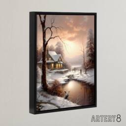 "Artery8 Winter Cottage Snowy Landscape at Sunset Framed Canvas Wall Art Print in Brown - Size: W12"" x H16""" - thumbnail 2