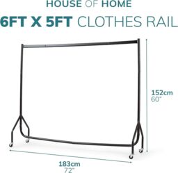 House of Home Clothes Rail Superior Heavy Duty Rack With Wheels 6FT Long x 5FT Tall in Black - thumbnail 2