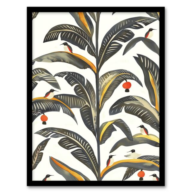 Artery8 Palm Leaves Birds Tropical Pattern Botanical Framed Art Print in Green - Size: A4 - image 1
