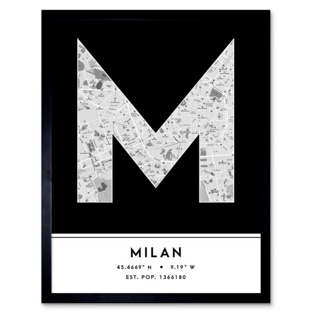 "Wee Blue Coo Wall Art Print Milan Italy City Map Modern Typography Stylish Letter Framed Word in Black - Size: W12"" x H16""" - image 1