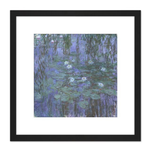 Artery8 Claude Monet Blue Water Lilies Painting 8X8 Inch Square Wooden Framed Wall Art Print Picture with Mount in Black - image 1