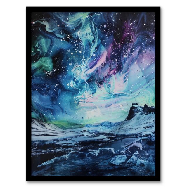 "Artery8 Aurora Australis Antarctica Liquid Paint Landscape Framed Art Print in Blue - Size: W12"" x H16""" - image 1