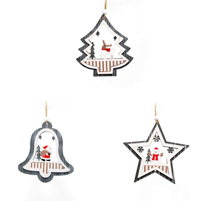 Shatchi Christmas Tree Ornaments Wooden Aesthetic Hanging Decorations Assorted Grey Shapes 3Pcs - image 1
