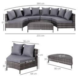 OUTSUNNY Garden Rattan Furniture 4 Seaters Half-round Patio Outdoor Sofa & Table - Grey - thumbnail 3