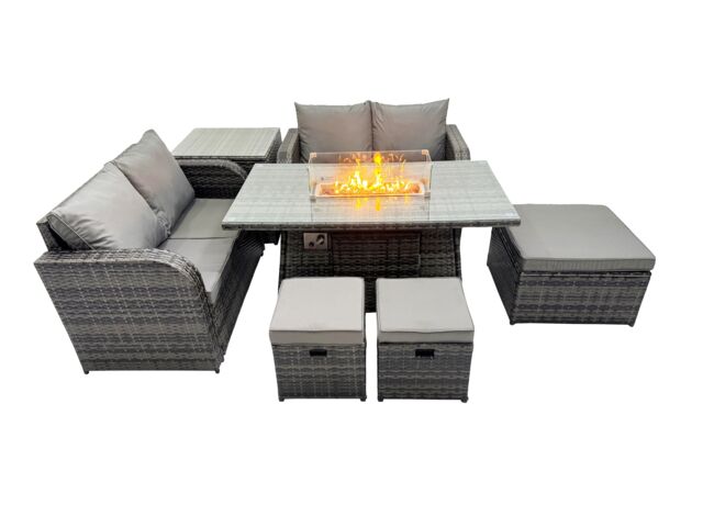 Fimous 7-seater Rattan Garden Furniture Dining Set with 3 Stools Side Table in Dark Grey - image 1