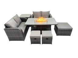 Fimous 7-seater Rattan Garden Furniture Dining Set with 3 Stools Side Table in Dark Grey - thumbnail 1